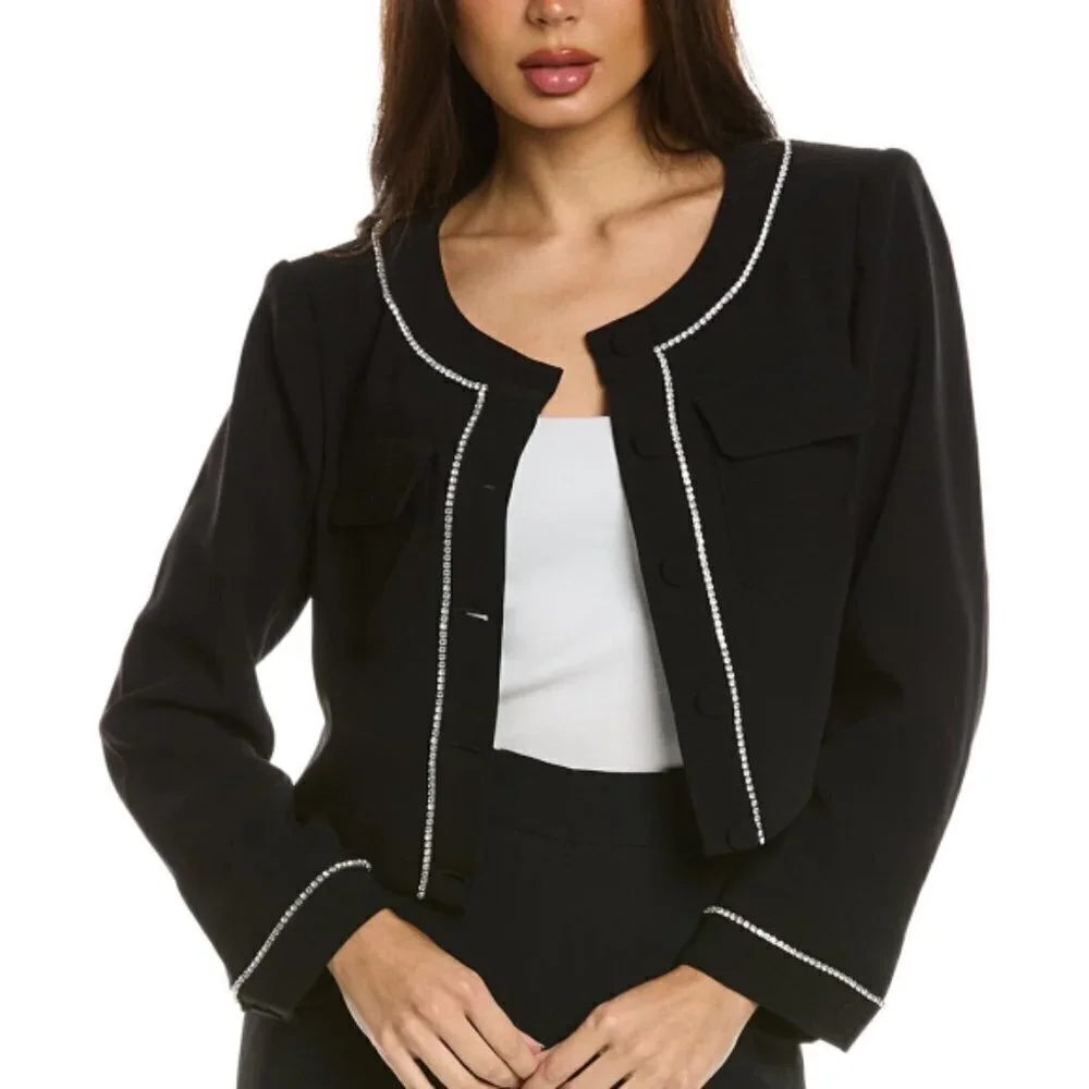 Cinq a Sept 'Rina' Crystal-Trim Cropped Crepe Jacket, Black - Picture 1 of 2